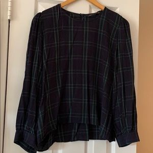 Zara balloon sleeve plaid top with button at wrist